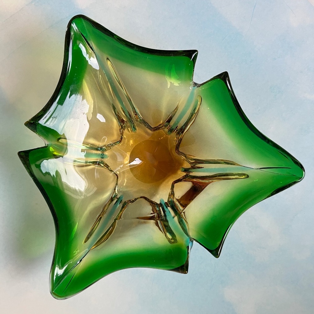 VINTAGE Dish Art Glass Art Deco Green Gold - Picture 3 of 10